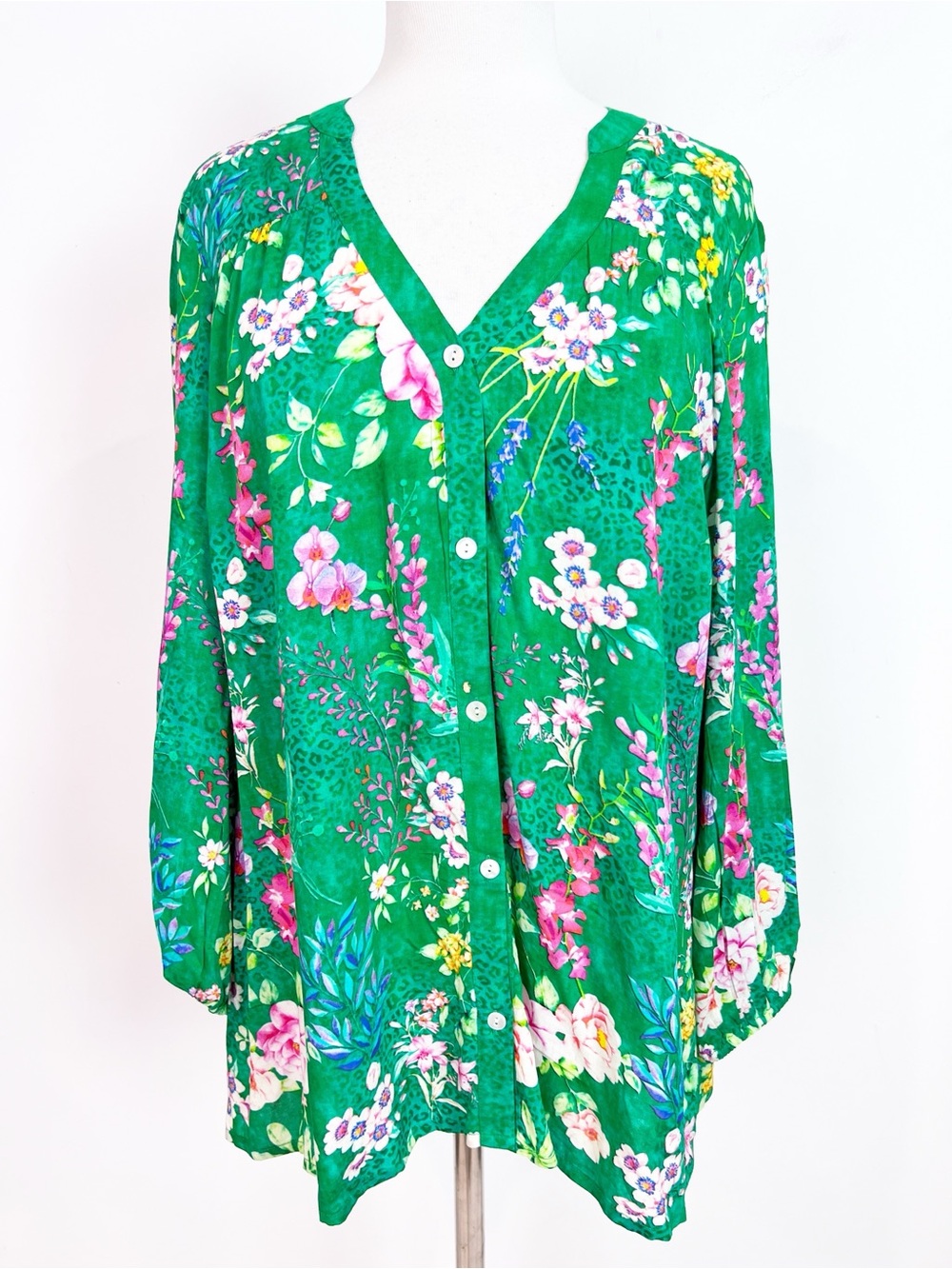 RUBY YAYA GREEN FLORAL LONG SLEEVE BLOUSE WOMENS LARGE
